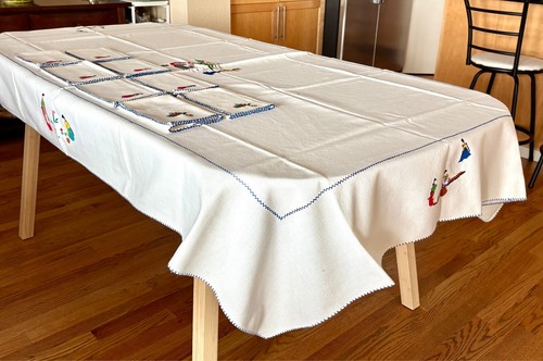 Embroidered Tablecloth & 8 Napkins w/ Scenes of Korean Women & Children – New! - Bild 11 von 19