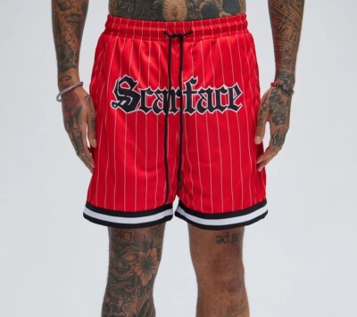 REASON Scarface Mesh Pinstripe Shorts Red Black Men's Size XL