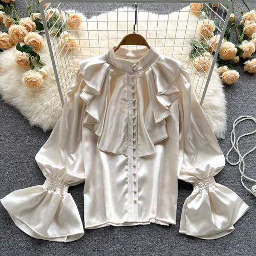 Women Ruffle Blouse Top Faux Silk Satin Puff Sleeve Retro Shirt Elegant New - Bild 3 von 21