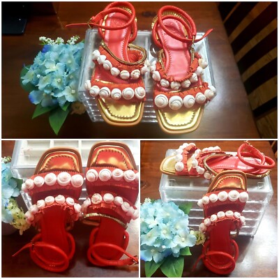 Tory Burch Sinclair Sandals Red Leather Seashell M Strappy Flats