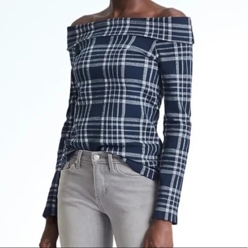 Banana Republic Womens Top Off The Shoulder Brushed Plaid Preppy Navy Blue Small