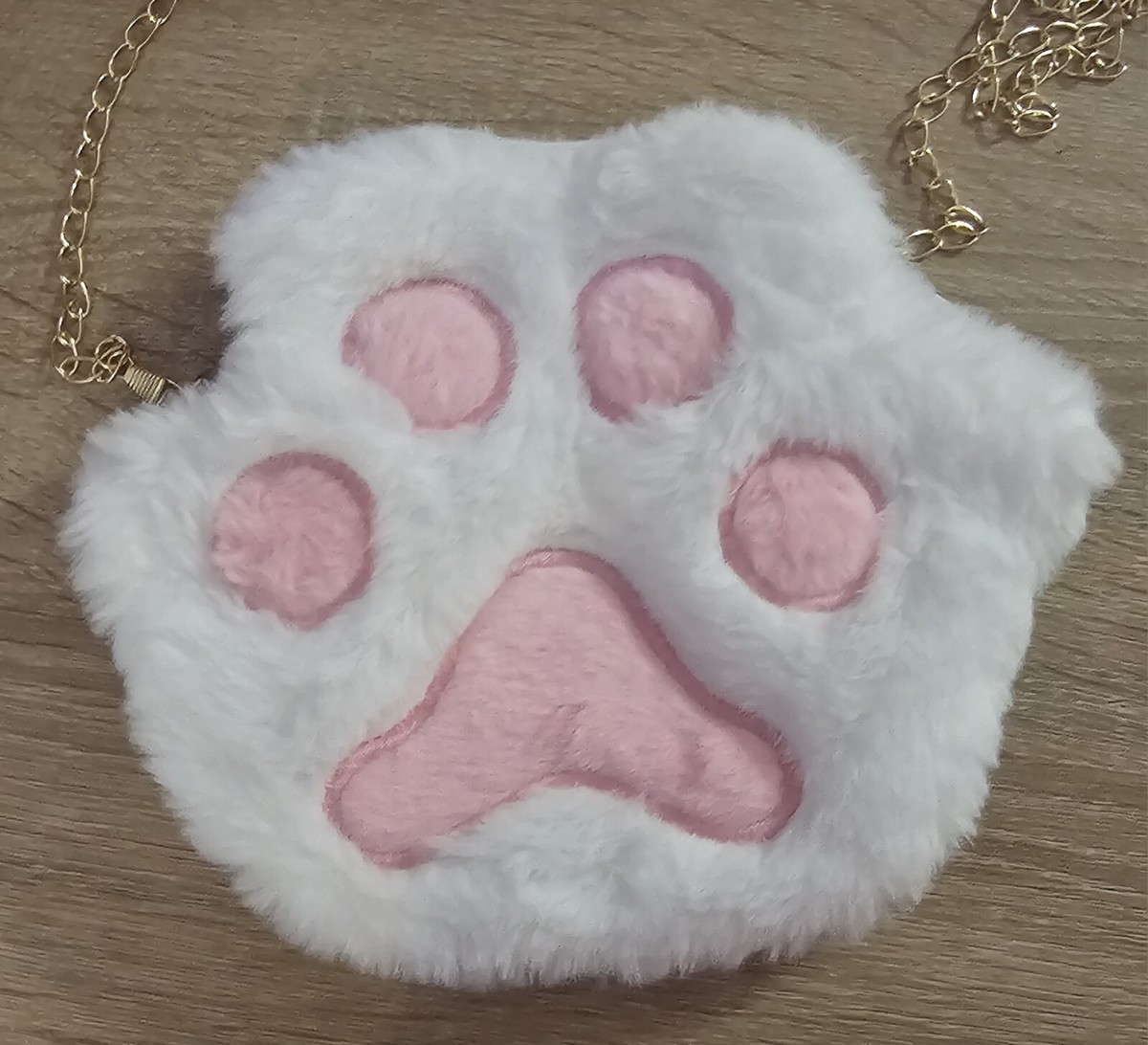 NEW Furry White Cat Paw Print Purse Cross body Bag Furry Pink Kawaii Cat  lovers