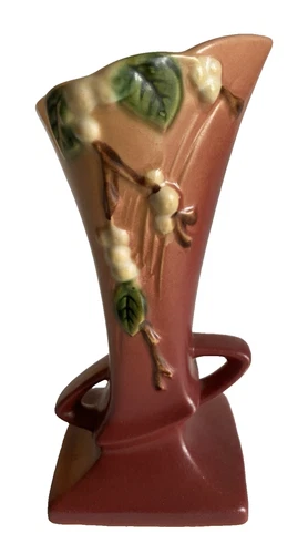 Roseville Vintage Pottery Snowberry IVI-7 Dusty Rose Two Handled Vase 7 1/4"