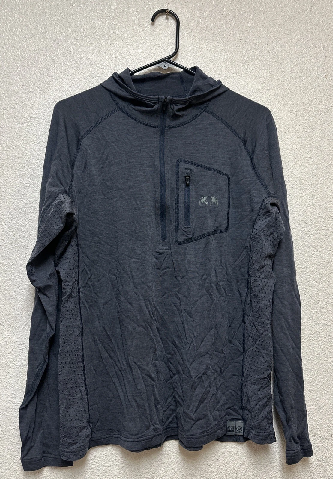 Kuiu Blue Pullover Base Layer Nuyarn Merino Wool L/S Hood 1/4 Zip Logo Sz M