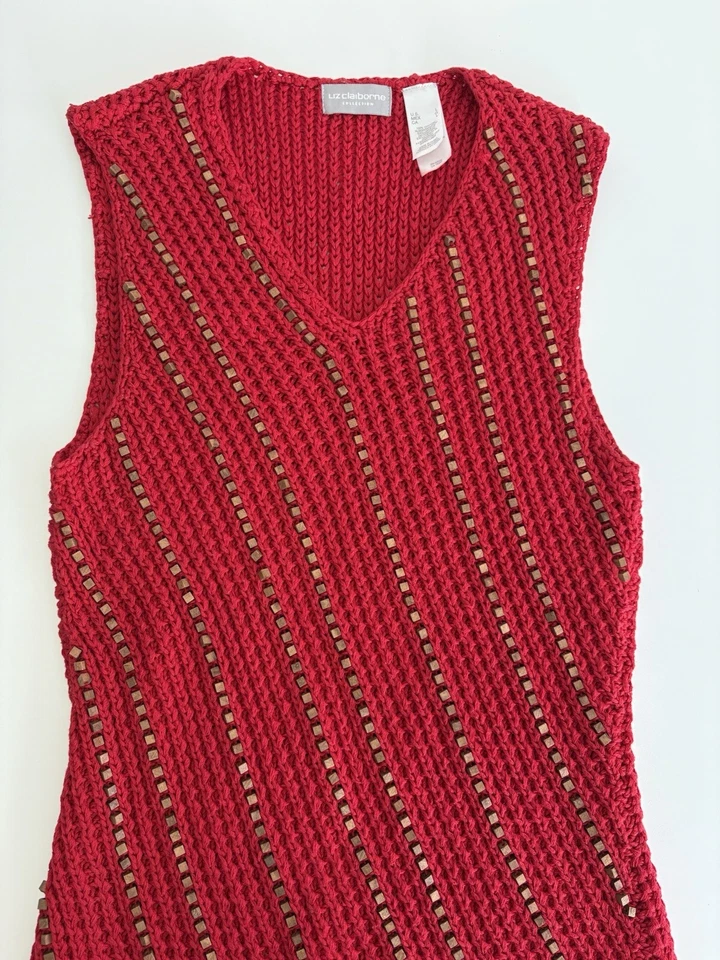Liz Claiborne Womens Tank Top Red Knit Sleeveless Wooden Bead Crochet Size M - Image 2 of 4