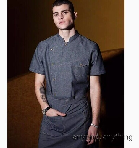 Men Women Denim Chef Jacket Long Sleeve Cook Jeans Kitchen Coat Unisex Uniform - Picture 7 of 7