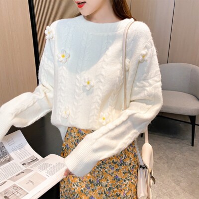 Damen Pullover Strickpullover Top Blumenmuster Freizeit Langärmelig Winter  Warm