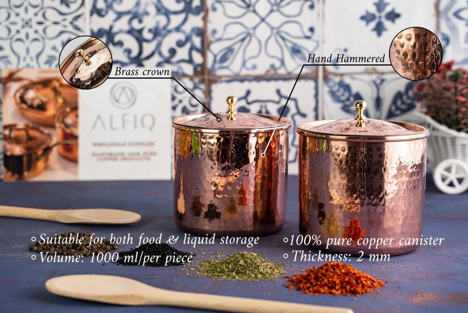 Set of 2 Solid Copper Canister Set | Handmade 100% Copper Jar Pot (2 x 750 ml) - Image 2 of 4