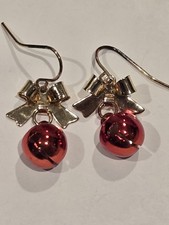 Christmas Red Jingle Bells with Gold Tone Bow Rhinestone Dangle Earrings