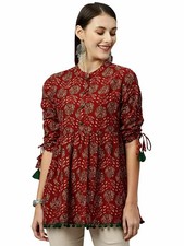 Indian Women Maroon Floral Printed Kurti Regular Wear Top Tunic Dress S To XXL
