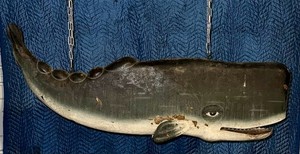 Large Antique Handmade Whale Whaling Fish Tin Folk Art Hanging Trade Sign