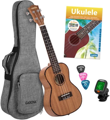 CASCHA Pacchetto ukulele concerto top premium in mogano con accordatore gigbag 3 plettri e scuola