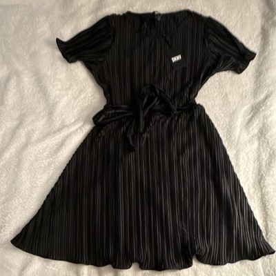 dkny pleated tie-waist dress DKNY A-Line Dress M Short Black Pleated Tie Waist Crew Neck Short Sleeve