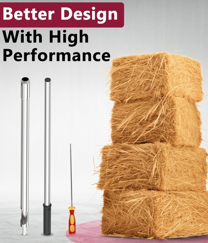 Stack of square brown hay probes with metal rods and a red-handled screwdriver, labeled “Better Design With High Performance.”