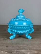 Scatola Antica Opalina Blu Turchese Decorazione Perles Conchiglie Delfini, 19e