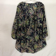 Chaps Shirt Womens 2X Multicolor Paisley Sheer Henley Tunic Top Blouse