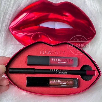 New HUDA BEAUTY Contour & Strobe Lip Set (Lip pencil+ Liquid Lipstick+ Gloss)
