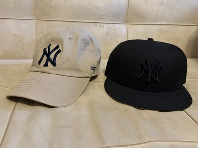 Two NY Yankees Caps 59fifty MLB Black on Black fitted 6 7/8 Hat & 47 Khaki Adjt