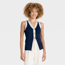 A New Day Women's Button Sweater Vest, S - Navy/Cream