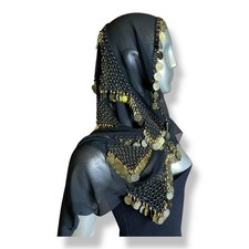 Black Scarf Sheer belly dance hip with gold coins Crochet Fringe Made In India