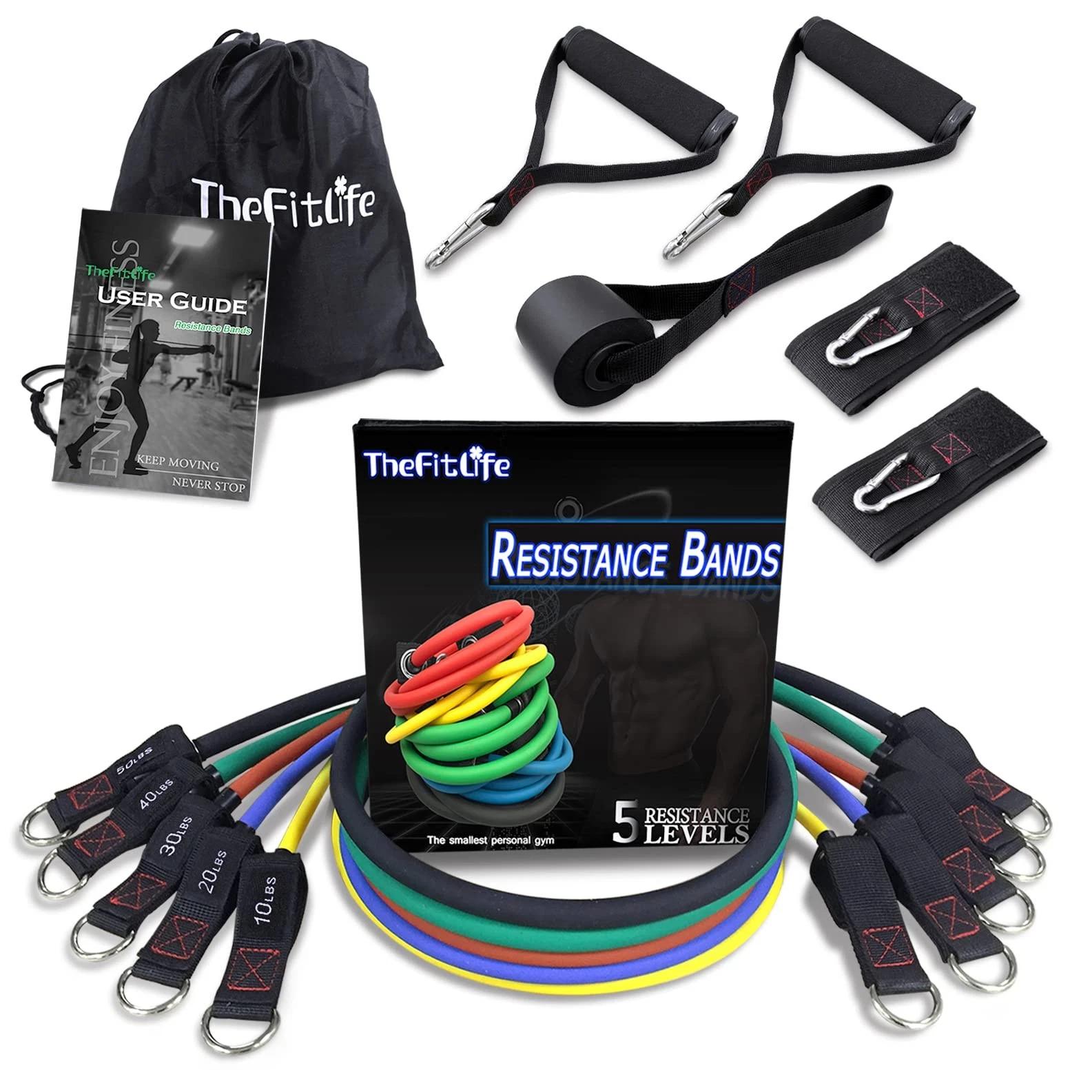 TheFitLife Exercise Resistance Bands with Handles - 5 Fitness 150LBS, 150lbs