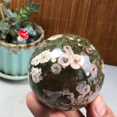 63mm Natural Green Plum Blossom Jade sphere ball Crystal specimens 324g A6252