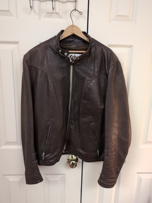 Vintage Schott NYC Sportswear Tab Collar Lined Leather Jacket 46 Brown USA
