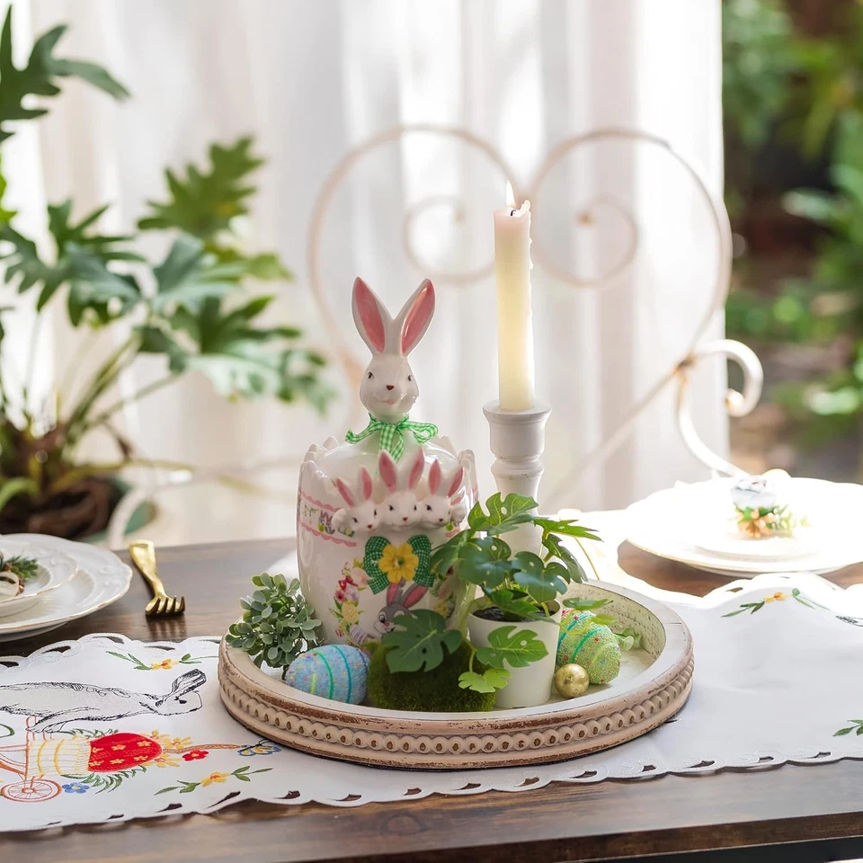 Bandeja decorativa para servir madera: bandeja redonda con cuentas lavadas blancas decoración para café Foto 3 de 4