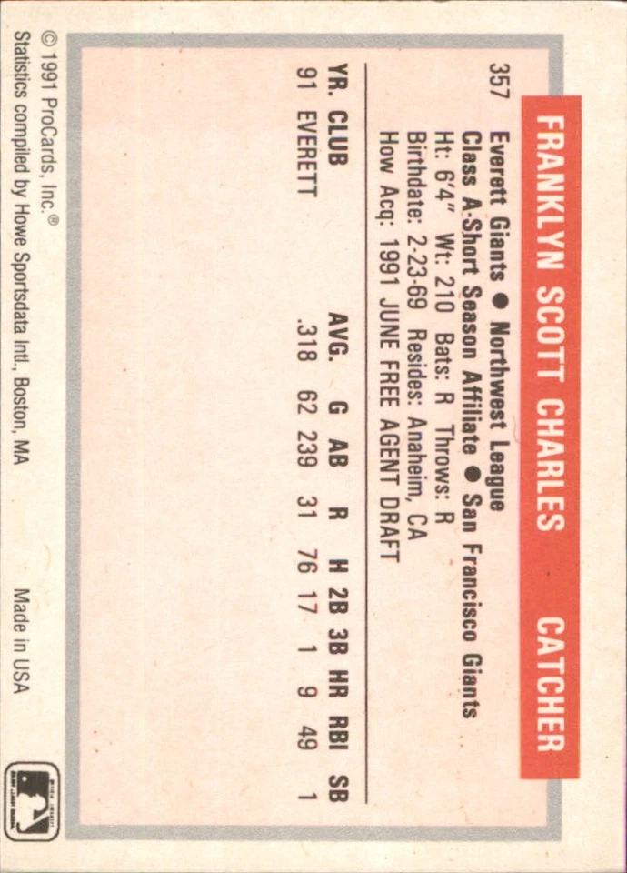 Frank Charles 1991-92 ProCards Tomorrow's Heroes #357 RC Everett Giants - Image 2 of 2