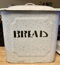 Vintage Enamel Bread Box Blue And White Speck...