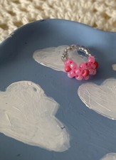 Homemade Strechy Beaded Flower Ring With Pink And Clear Beads