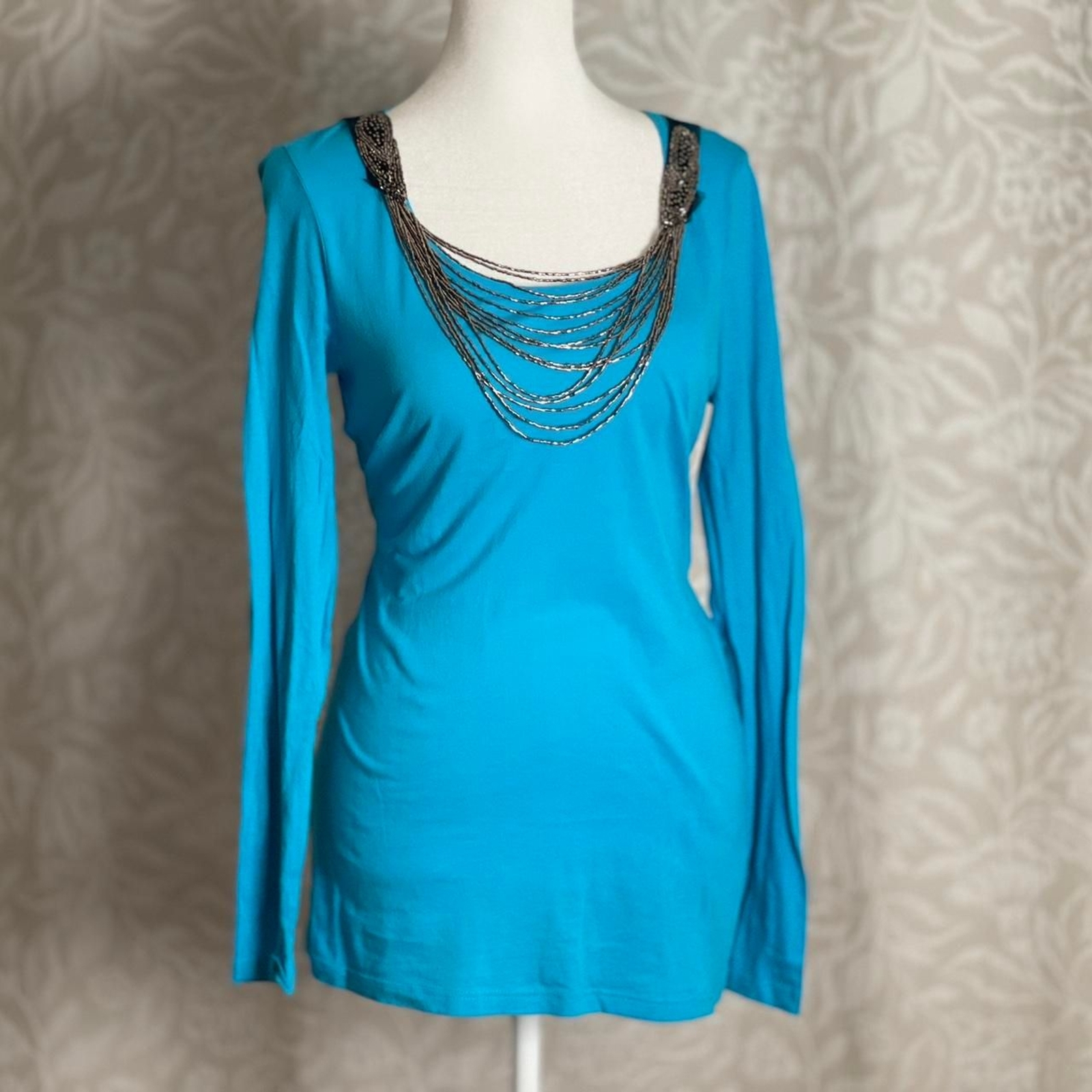 Rock 47 by Wrangler Teal Top w/ Layered Metallic Necklace Detail Glam Y2K Size M