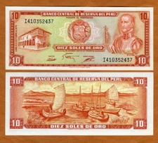 Peru, 10 Soles De Oro, 1975, P-106, UNC Lake Titicaca, Boats, Inca de la Vega
