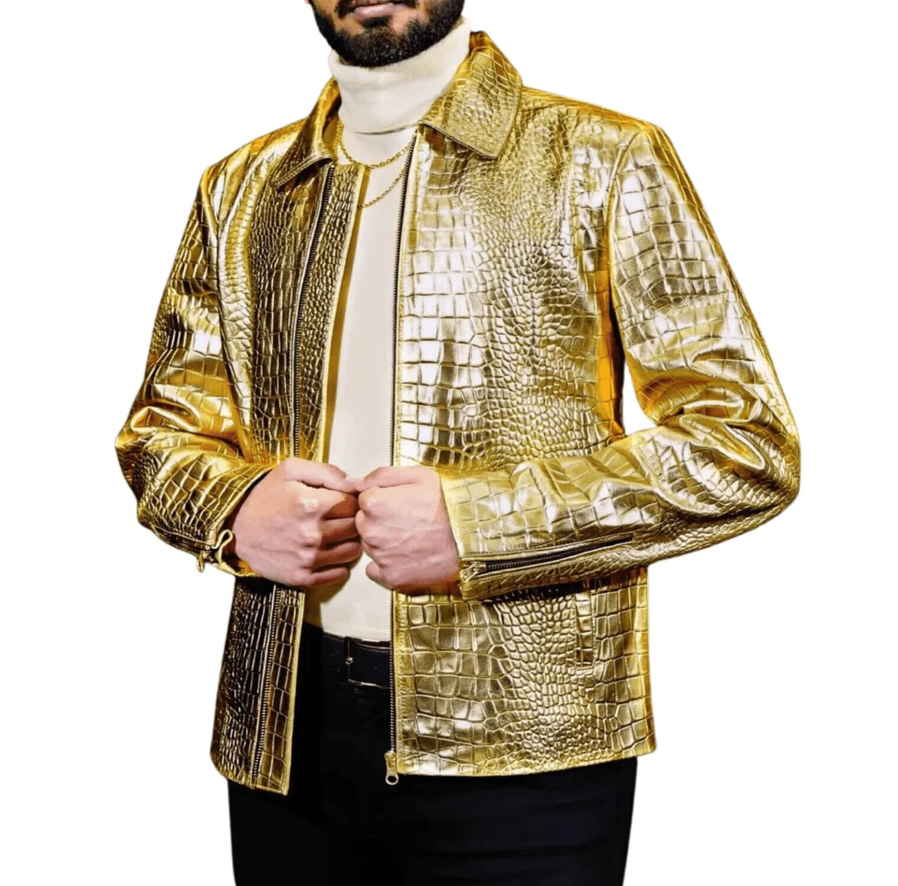 Men's Leather Jacket Golden Plated Alligator Crocodile Embossed