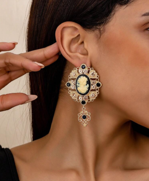 Big Vintage Faux Cameo Victorian Style Dangle Stud Earrings Gold