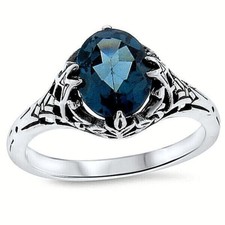 GENUINE LONDON BLUE TOPAZ ANTIQUE STYLE 925 STERLING SILVER FILIGREE RING  431Z