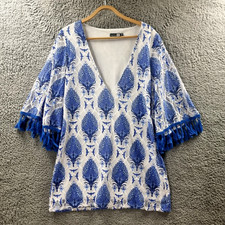 Boohoo Womens Shift Dress Size 10 Blue White Lace 3/4 Sleeve V-Neck