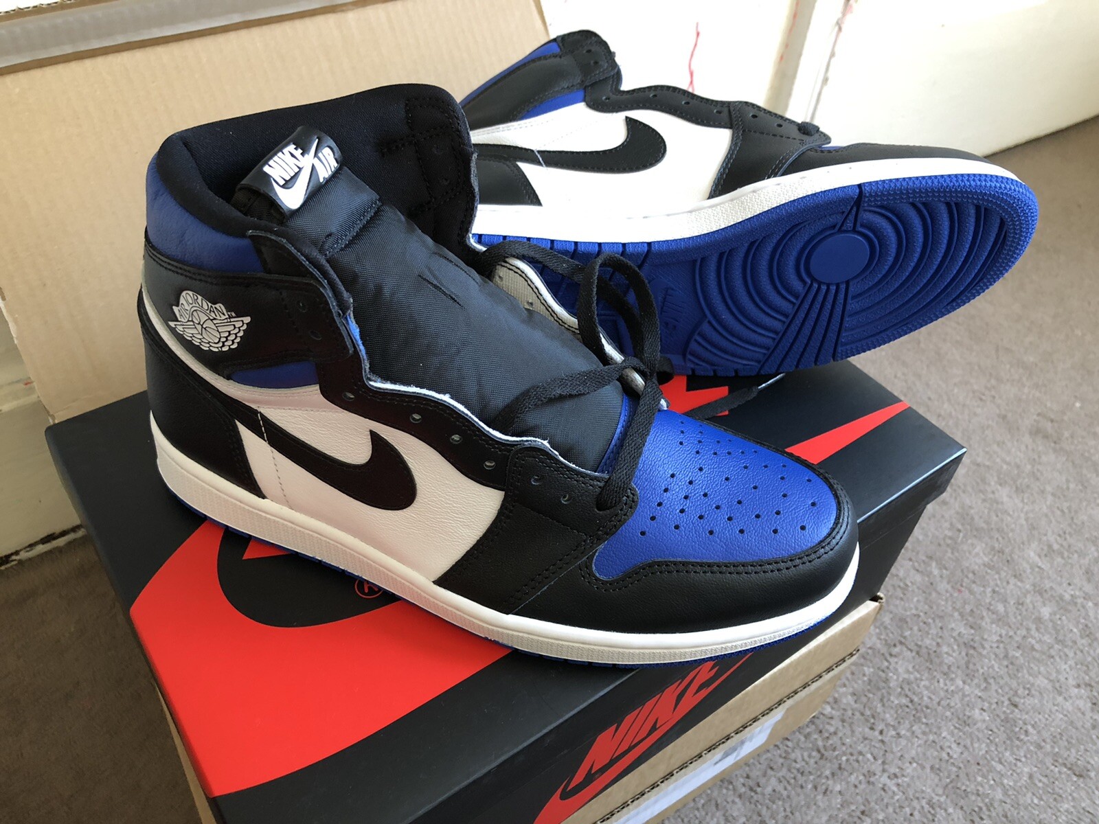 Nike Air Jordan 1 Retro Hi OG Game Royal Blue Toe Trainer White \u0026amp; Black  - UK9 | eBay