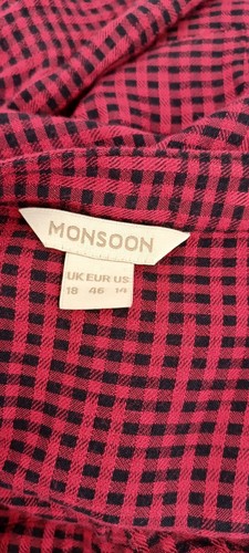 Monsoon Red Black Gingham Dress 18 Check Shirt Grandad Collar Tie Midi Prairie - Picture 9 of 11