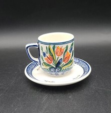 Delft Holland Handgeschilderd Polychrome Floral Demitasse Cups  Saucers Signed