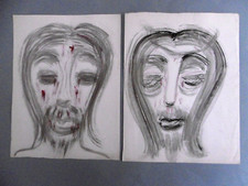 DESSINS LOT DE 2 AQUARELLES LAVIS Expressionnisme Christ Portrait à identifier