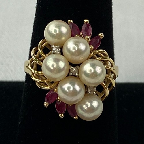 14K Yellow Gold Faux Pearl Rhinestones Spirals Size 9.25 5.66 grams 1.88 mm B31