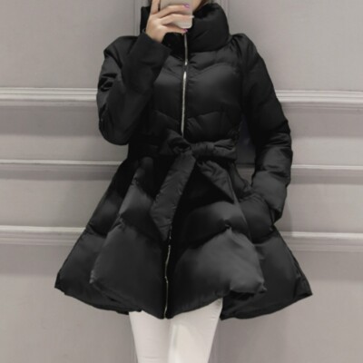Women Puffer Coat Jacket Top Swing Bowtie Quilted Padded Winter