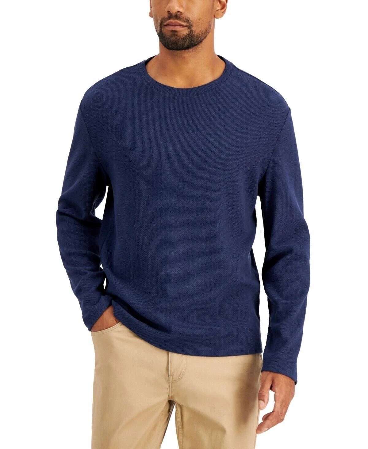 Alfani Men's Textured Long Sleeve Crewneck Shirt Navy Blue Heather S