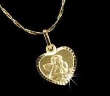 REAL GOLD *** Heart Pendant Angel Guardian Angel, Optional with Chain