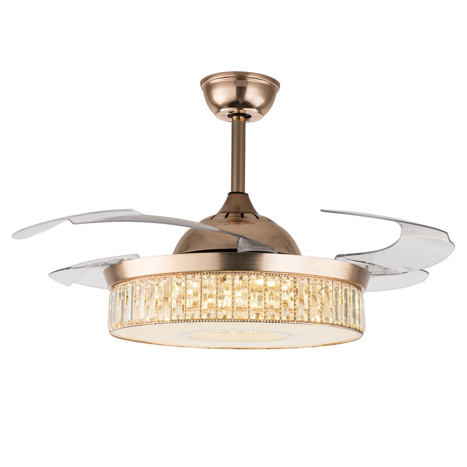 42" Ceiling Fan Light 3-Color Crystal LED Invisible Gold Chandelier Lamp +Remote - Image 4 of 4
