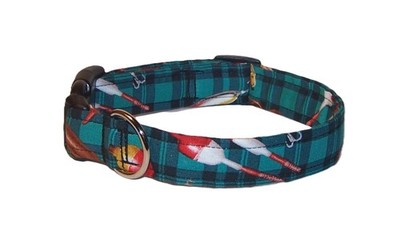 Wet Nose Designs Gone Fishing Plaid Dog Collar Fish Bobbers Lures Blue & Green