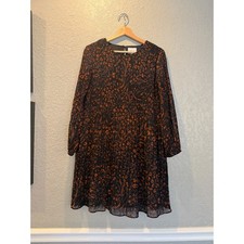 Nine West Womens Pleated Leopard Print Long Sleeve Shift Dress Black Orange M