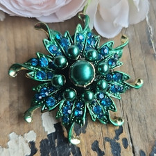 Vintage Blue Starburst Brooch Pin Rhinestone Faux Pearls Sun Gold Tone Teal