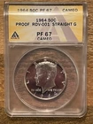 1964 ANACS Pf 67 Cameo RDV-001 Straight G Kennedy Silver Half Dollar, Variety